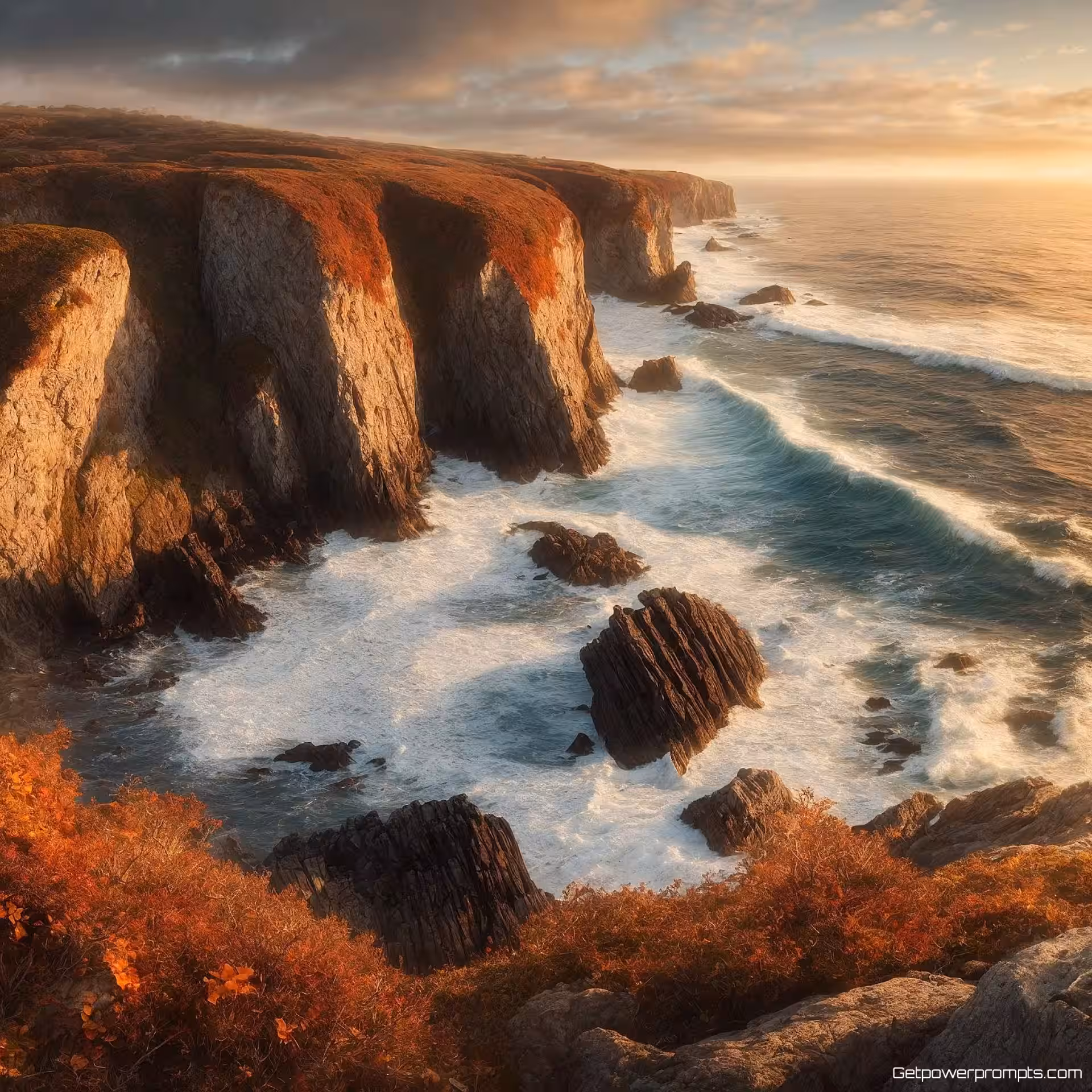 Rotsachtige kustkliffen met oceaangolven, dramatische landschapsfotografie, zacht ochtendlicht belichting, panoramische compositie perspectief, mysterieuze en mistige sfeer atmosfeer, levendige herfstkleuren palet, fotorealistisch, professionele natuurfotografie, cinematografische kwaliteit, gedetailleerde voorgrond elementen, atmosferisch perspectief