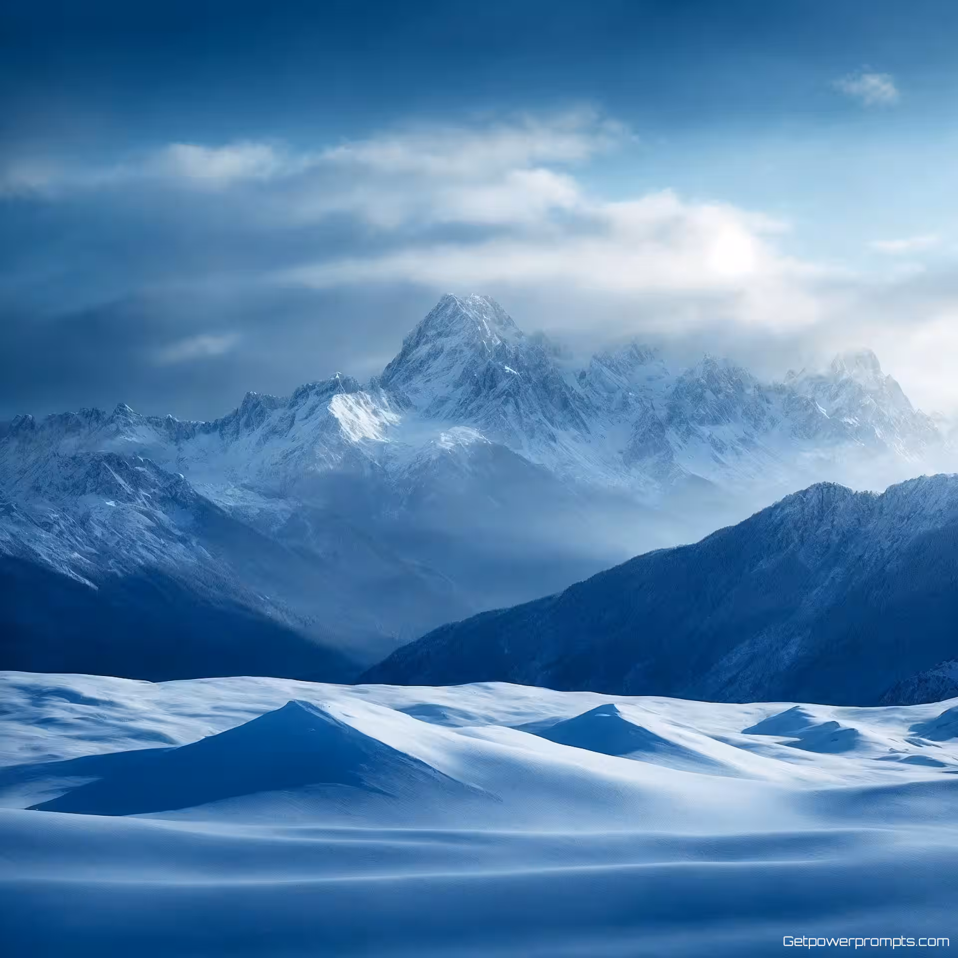 Met sneeuw bedekte bergketen, dramatische landschapsfotografie, zacht ochtendlicht belichting, panoramische compositie perspectief, rustgevende en vredige sfeer atmosfeer, koele blauwe tinten palet, fotorealistisch, professionele natuurfotografie, cinematografische kwaliteit, gedetailleerde voorgrond elementen, atmosferisch perspectief