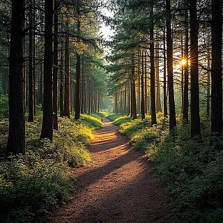 Dennenbos pad, bosfotografie, fotorealistisch, gouden uur verlichting, leidende lijn compositie perspectief, mysterieus atmosfeer, herfstkleuren, natuurlijk pad, gevlekt zonlicht, professionele natuurfotografie, gedetailleerd gebladerte, atmosferische diepte, kronkelend pad perspectief