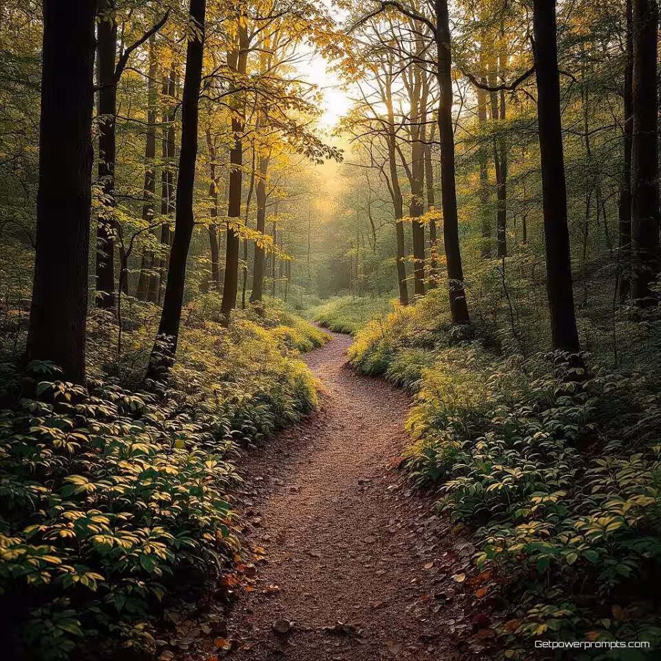 Herfstbos pad, bosfotografie, fotorealistisch, gouden uur verlichting, leidende lijn compositie perspectief, mysterieus atmosfeer, herfstkleuren, natuurlijk pad, gevlekt zonlicht, professionele natuurfotografie, gedetailleerd gebladerte, atmosferische diepte, kronkelend pad perspectief