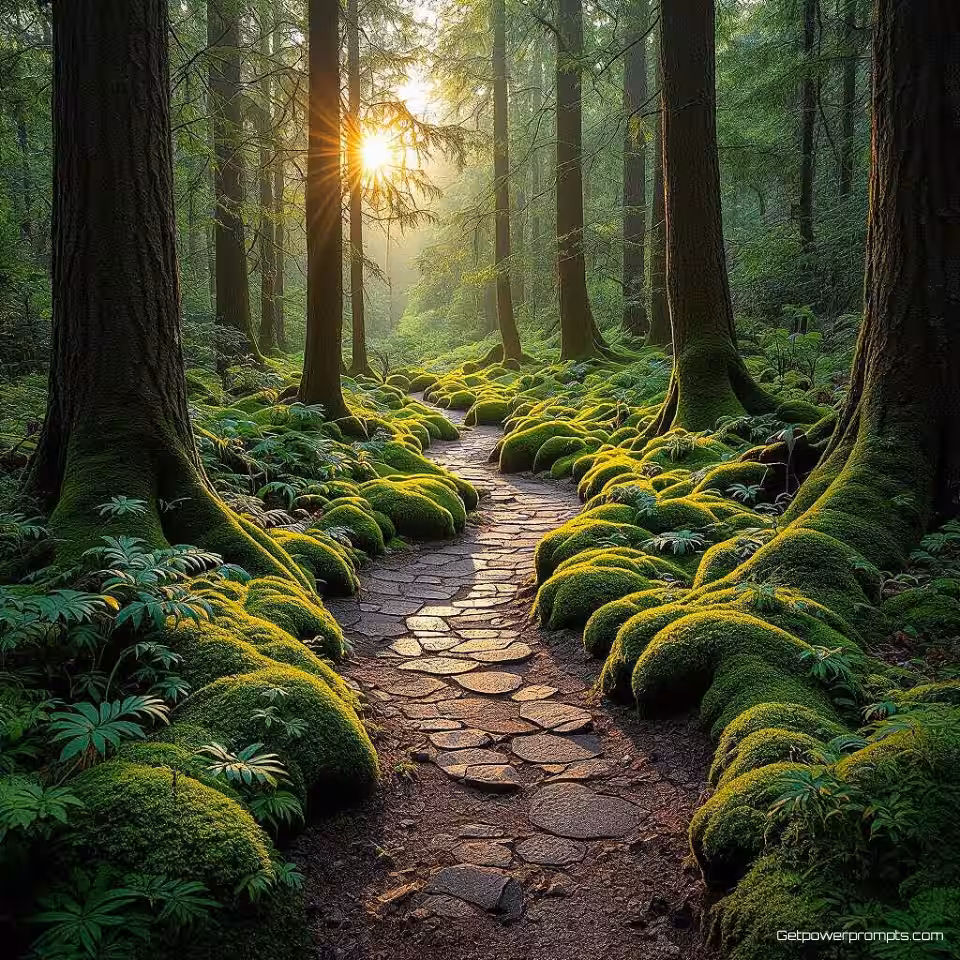 Mosachtig bos pad, bosfotografie, fotorealistisch, gouden uur verlichting, leidende lijn compositie perspectief, mysterieus atmosfeer, herfstkleuren, natuurlijk pad, gevlekt zonlicht, professionele natuurfotografie, gedetailleerd gebladerte, atmosferische diepte, kronkelend pad perspectief