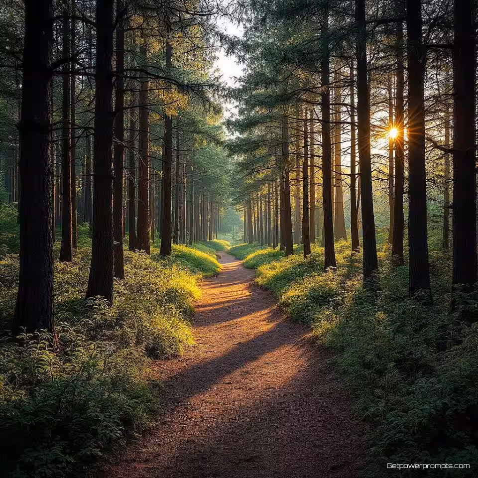 Dennenbos pad, bosfotografie, fotorealistisch, gouden uur verlichting, leidende lijn compositie perspectief, mysterieus atmosfeer, herfstkleuren, natuurlijk pad, gevlekt zonlicht, professionele natuurfotografie, gedetailleerd gebladerte, atmosferische diepte, kronkelend pad perspectief
