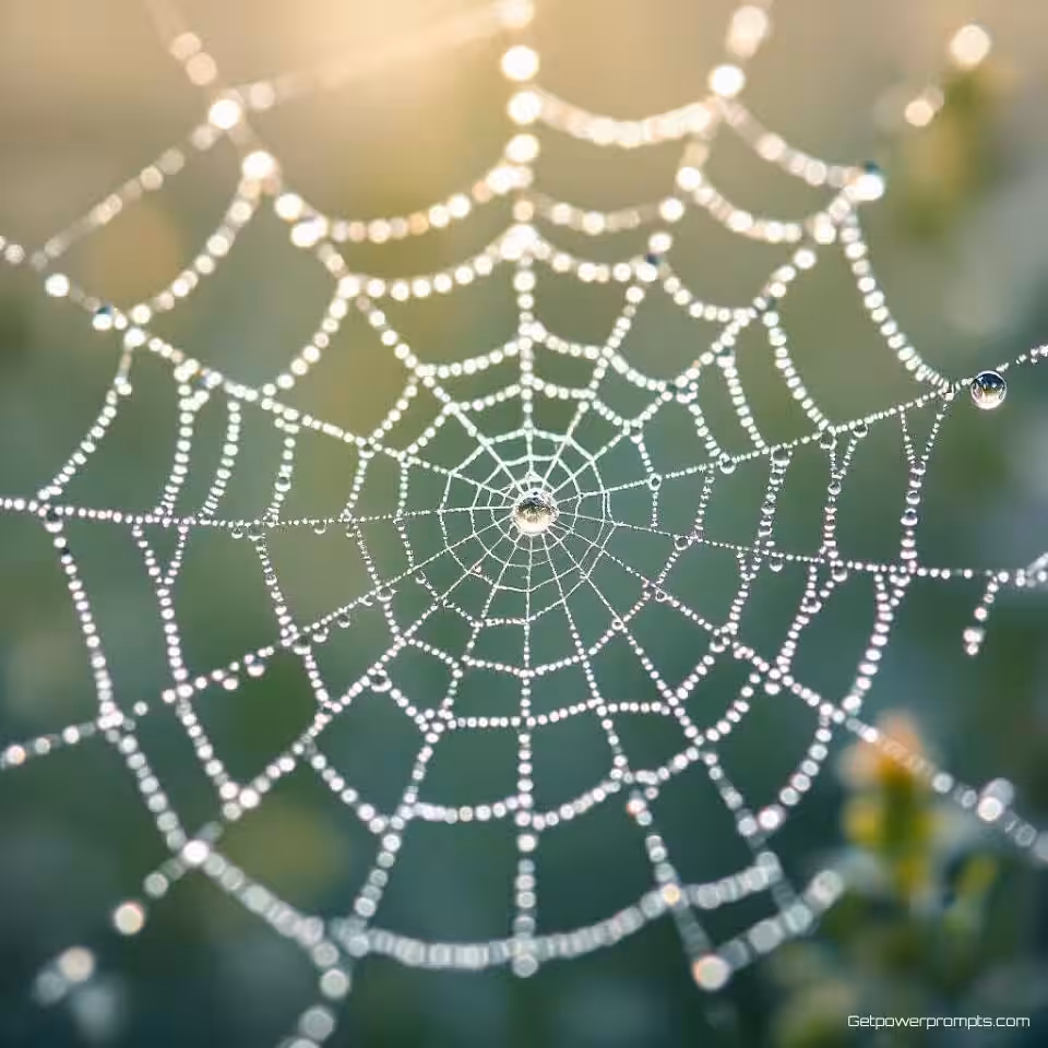 Waterdruppels op spinnenweb, macrofotografie, fotorealistisch, natuurlijk ochtendlicht belichting, extreem close-up perspectief, aardse tonen, gedetailleerde texturen, natuurlijke patronen, professionele natuurfotografie, kleine scherptediepte, selectieve scherpstelling, ingewikkelde oppervlaktedetails