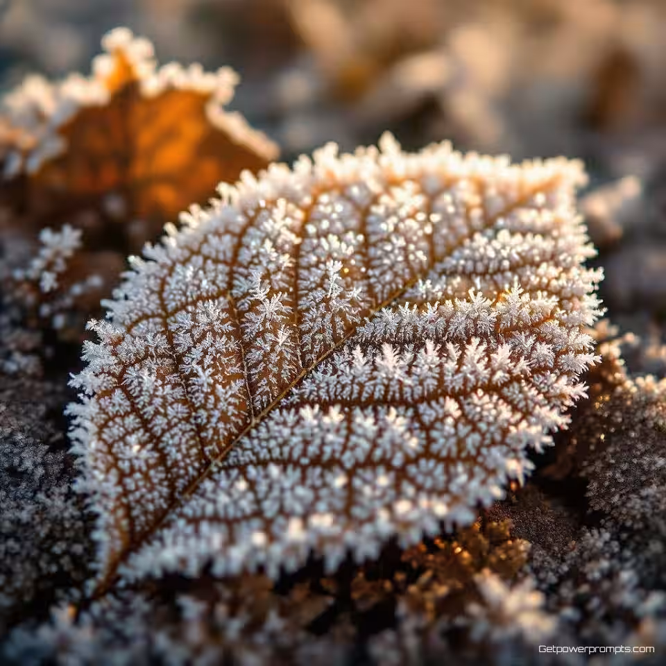 Rijp patronen op blad, macrofotografie, fotorealistisch, natuurlijk ochtendlicht belichting, extreem close-up perspectief, aardse tonen, gedetailleerde texturen, natuurlijke patronen, professionele natuurfotografie, kleine scherptediepte, selectieve scherpstelling, ingewikkelde oppervlaktedetails