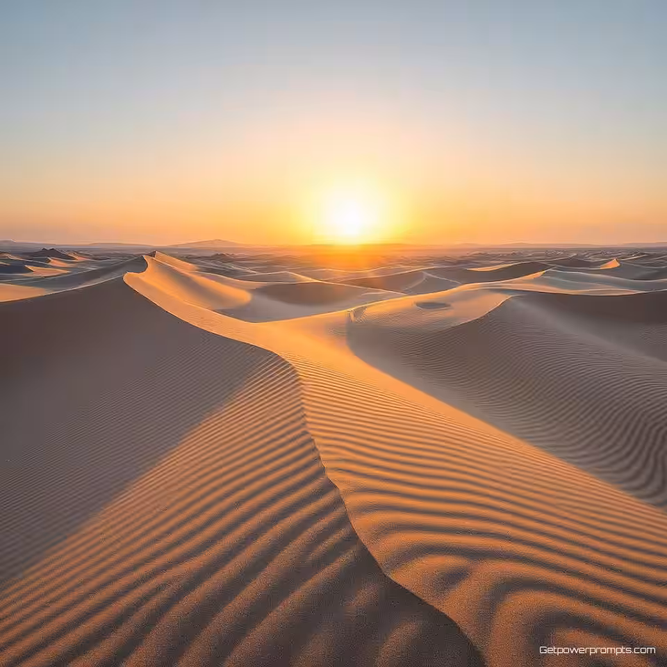 Zandduinen bij zonsopgang, minimalistische landschapsfotografie, groothoek perspectief perspectief, gouden uur belichting belichting, gedempte tonen, schoon esthetiek, negatieve ruimte, geometrische compositie, serene sfeer, professionele fotografie, scherpe focus, gebalanceerde kadrering