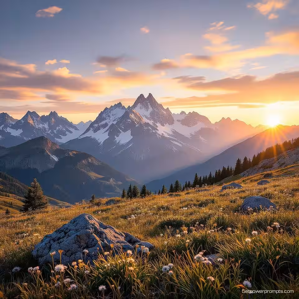 Alpenweide met bergen, dramatische bergfotografie, fotorealistisch, gouden uur belichting belichting, breedhoek perspectief perspectief, epische sfeer atmosfeer, aardse kleurenpalet, ruig terrein, professionele natuurfotografie, gedetailleerde rotstexturen, atmosferische omstandigheden, majestueuze pieken, natuurlijke wildernis
