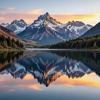 Bergmeer, reflectiefotografie, fotorealistisch, gouden uur verlichting, symmetrisch perspectief, vredig atmosfeer, aards, gespiegeld oppervlak, professionele landschapsfotografie, gedetailleerde reflecties, atmosferische omstandigheden, natuurlijke waterelementen, symmetrische compositie, rustig wateroppervlak