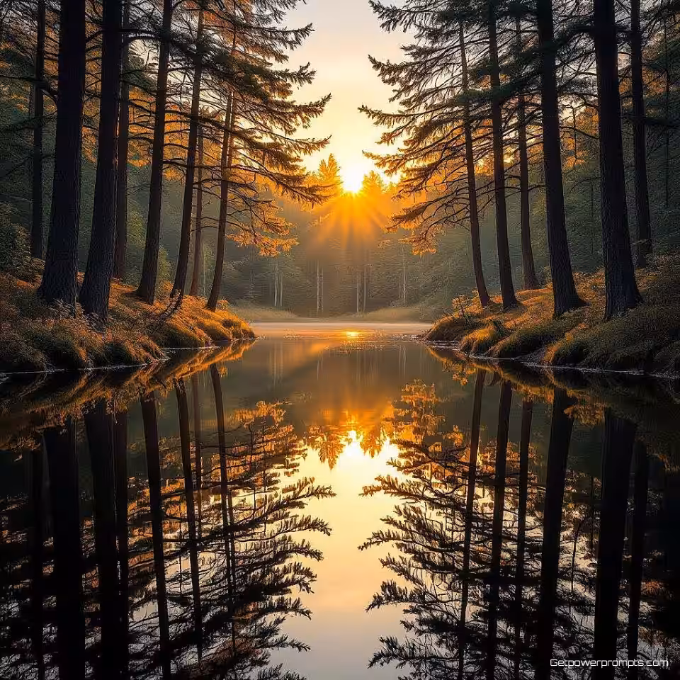 Bosvijver, reflectiefotografie, fotorealistisch, gouden uur verlichting, symmetrisch perspectief, vredig atmosfeer, aards, gespiegeld oppervlak, professionele landschapsfotografie, gedetailleerde reflecties, atmosferische omstandigheden, natuurlijke waterelementen, symmetrische compositie, rustig wateroppervlak