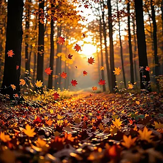 Kleurrijk herfstbos met vallende bladeren, fotorealistisch, gouden uur belichting belichting, breedhoekperspectief perspectief, vredige sfeer atmosfeer, warme herfstkleuren, seizoenslandschapsfotografie, professionele natuurfotografie, gedetailleerde seizoenselementen, atmosferische omstandigheden, natuurlijke omgeving, veranderende weerspatronen