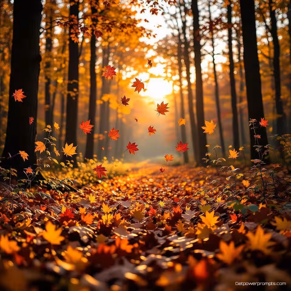 Kleurrijk herfstbos met vallende bladeren, fotorealistisch, gouden uur belichting belichting, breedhoekperspectief perspectief, vredige sfeer atmosfeer, warme herfstkleuren, seizoenslandschapsfotografie, professionele natuurfotografie, gedetailleerde seizoenselementen, atmosferische omstandigheden, natuurlijke omgeving, veranderende weerspatronen