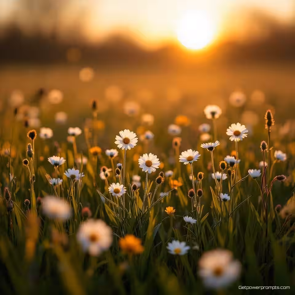 Bloemrijke lentewei, fotorealistisch, gouden uur belichting belichting, breedhoekperspectief perspectief, vredige sfeer atmosfeer, warme herfstkleuren, seizoenslandschapsfotografie, professionele natuurfotografie, gedetailleerde seizoenselementen, atmosferische omstandigheden, natuurlijke omgeving, veranderende weerspatronen