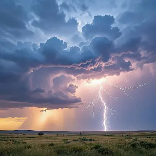 Bliksemstorm over vlaktes, dramatische stormfotografie, fotorealistisch, dramatische stormverlichting verlichting, breed panoramisch zicht perspectief, dreigende atmosfeer atmosfeer, donkere stormkleuren, extreme weersomstandigheden, professionele landschapsfotografie, atmosferisch drama, dynamische wolkenformaties, natuurlijke kracht, weersverschijnselen, dramatische luchten, omgevingsintensiteit