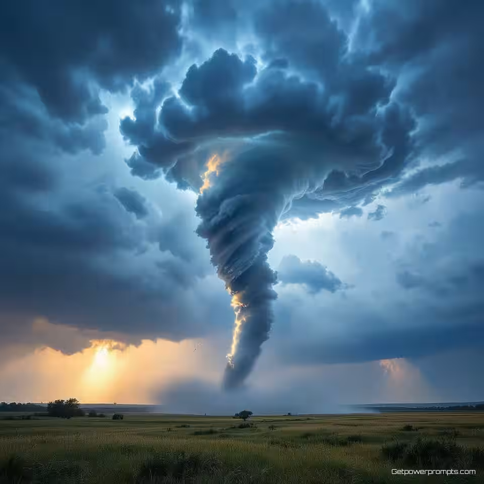 Tornado die de grond raakt, dramatische stormfotografie, fotorealistisch, dramatische stormverlichting verlichting, breed panoramisch zicht perspectief, dreigende atmosfeer atmosfeer, donkere stormkleuren, extreme weersomstandigheden, professionele landschapsfotografie, atmosferisch drama, dynamische wolkenformaties, natuurlijke kracht, weersverschijnselen, dramatische luchten, omgevingsintensiteit