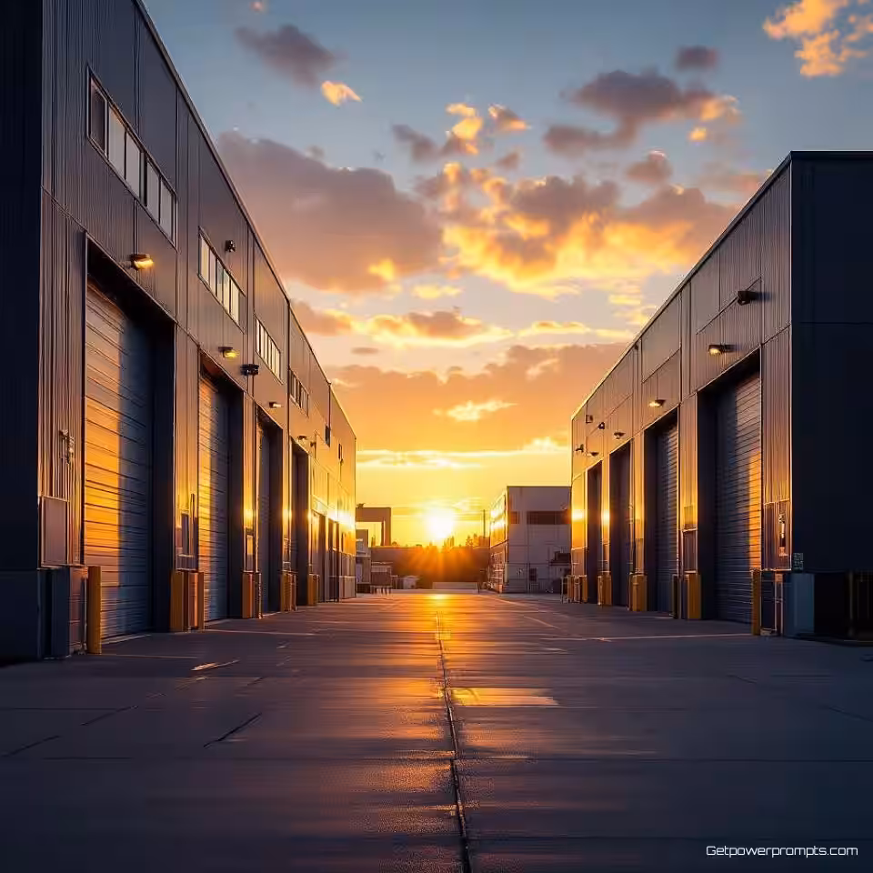 Industriële gebouwen en magazijnen, stedelijke landschapsfotografie, fotorealistisch, gouden uur verlichting verlichting, breedhoek perspectief perspectief, levendige sfeer sfeer, monochroom kleurenpalet, architectonische elementen, stedelijke omgeving, professionele fotografie, gedetailleerde texturen, stedelijke verkenning