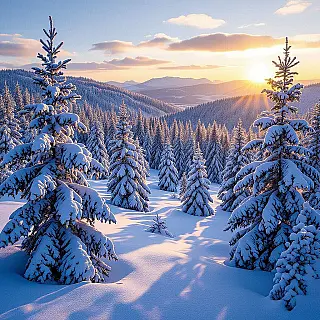 Sneeuwbedekt dennenbos, winterlandschap fotografie, fotorealistisch, gouden uur belichting belichting, groothoek perspectief perspectief, vredige sfeer atmosfeer, koele blauwe en witte tonen, professionele natuurfotografie, gedetailleerde sneeuwtexturen, atmosferische omstandigheden, bevroren elementen, seizoensgebonden omgeving, natuurlijk winterlandschap