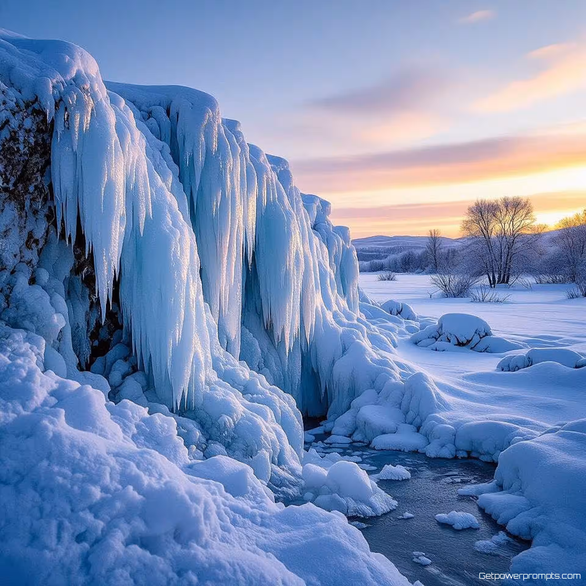 Bevroren waterval met ijspegels, winterlandschap fotografie, fotorealistisch, gouden uur belichting belichting, groothoek perspectief perspectief, vredige sfeer atmosfeer, koele blauwe en witte tonen, professionele natuurfotografie, gedetailleerde sneeuwtexturen, atmosferische omstandigheden, bevroren elementen, seizoensgebonden omgeving, natuurlijk winterlandschap