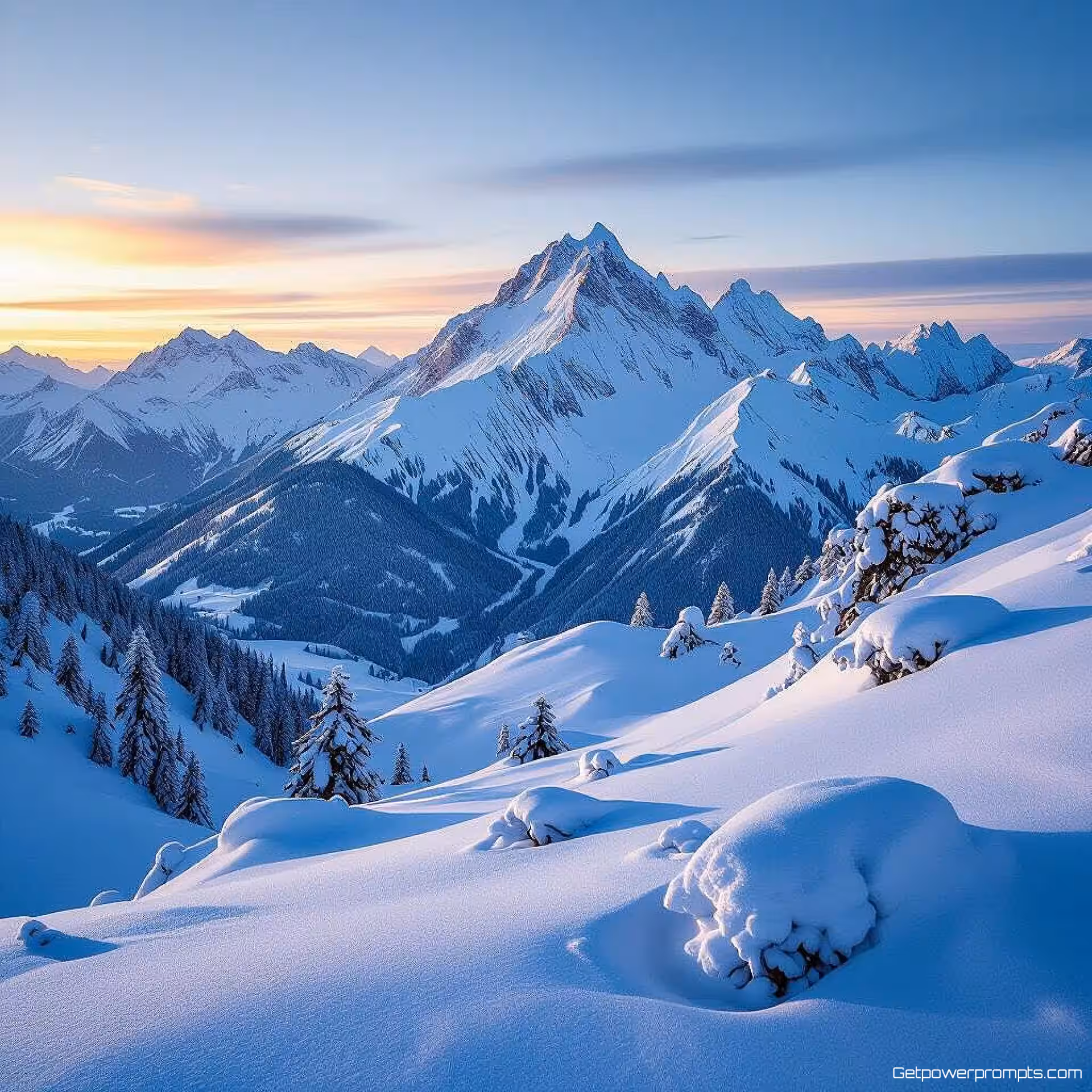 Met sneeuw bedekte bergketen, winterlandschap fotografie, fotorealistisch, gouden uur belichting belichting, groothoek perspectief perspectief, vredige sfeer atmosfeer, koele blauwe en witte tonen, professionele natuurfotografie, gedetailleerde sneeuwtexturen, atmosferische omstandigheden, bevroren elementen, seizoensgebonden omgeving, natuurlijk winterlandschap