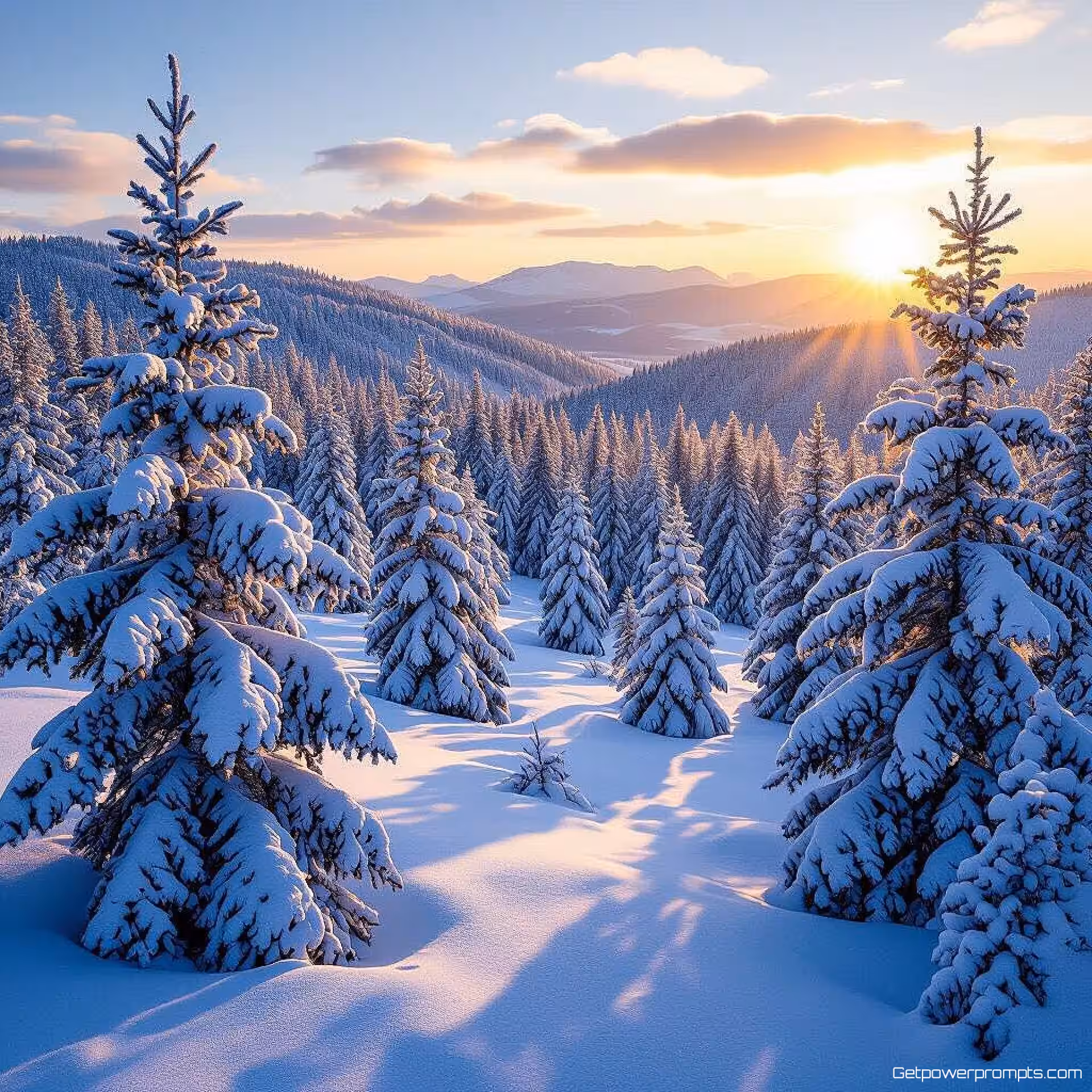 Sneeuwbedekt dennenbos, winterlandschap fotografie, fotorealistisch, gouden uur belichting belichting, groothoek perspectief perspectief, vredige sfeer atmosfeer, koele blauwe en witte tonen, professionele natuurfotografie, gedetailleerde sneeuwtexturen, atmosferische omstandigheden, bevroren elementen, seizoensgebonden omgeving, natuurlijk winterlandschap