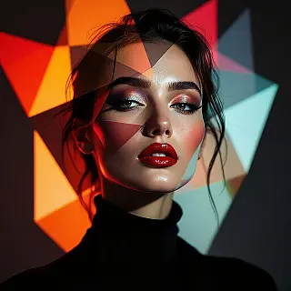 Professioneel model, abstracte portretfotografie, geometrische abstractie, hoog contrast belichting belichting, dynamische asymmetrie perspectief, dromerige sfeer atmosfeer, experimentele beeldtaal, geometrische abstractie, gefragmenteerde vormen, professionele kwaliteit, artistieke interpretatie, niet-representatieve elementen, conceptuele benadering, moderne portretfotografie