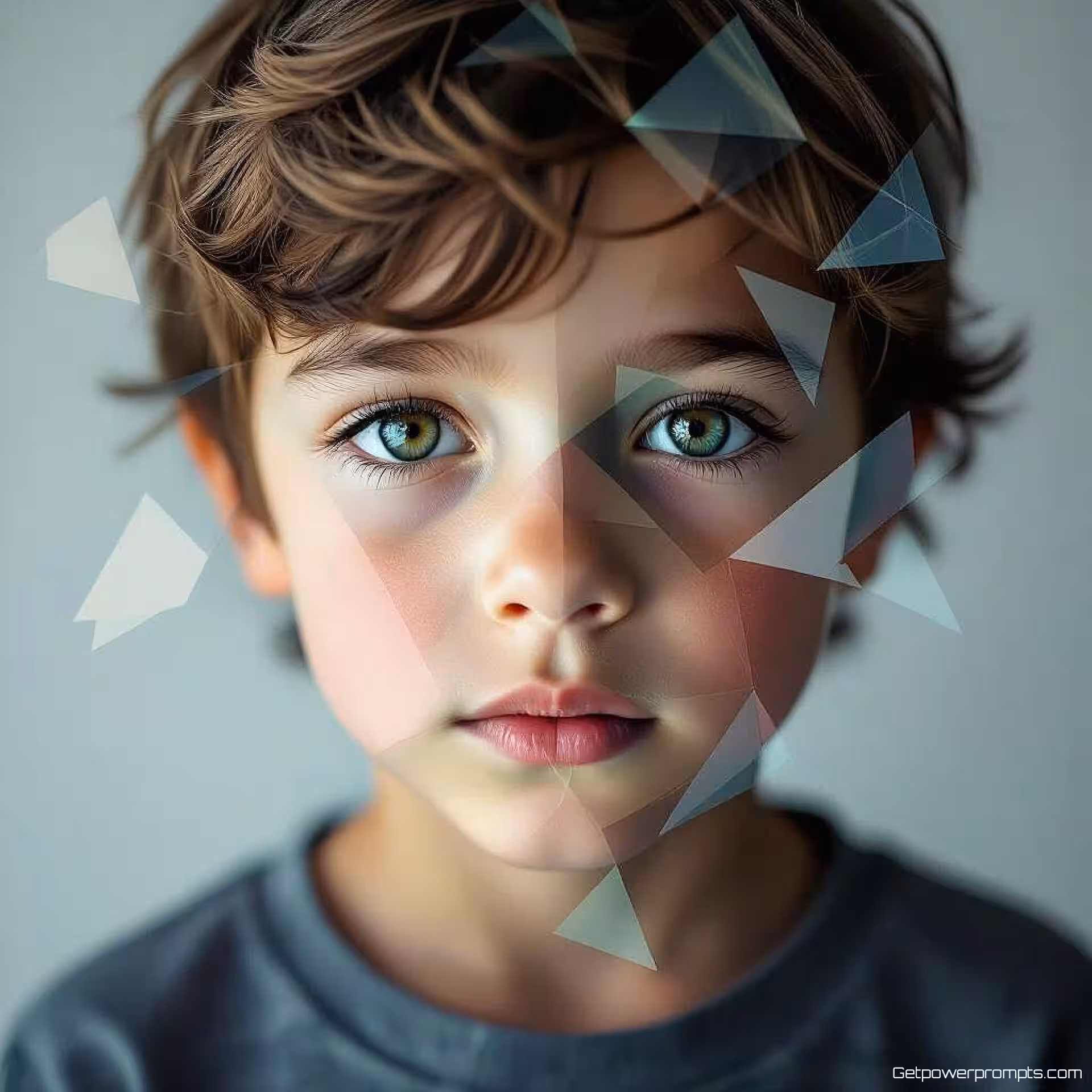 Kinderportret, abstracte portretfotografie, geometrische abstractie, hoog contrast belichting belichting, dynamische asymmetrie perspectief, dromerige sfeer atmosfeer, experimentele beeldtaal, geometrische abstractie, gefragmenteerde vormen, professionele kwaliteit, artistieke interpretatie, niet-representatieve elementen, conceptuele benadering, moderne portretfotografie