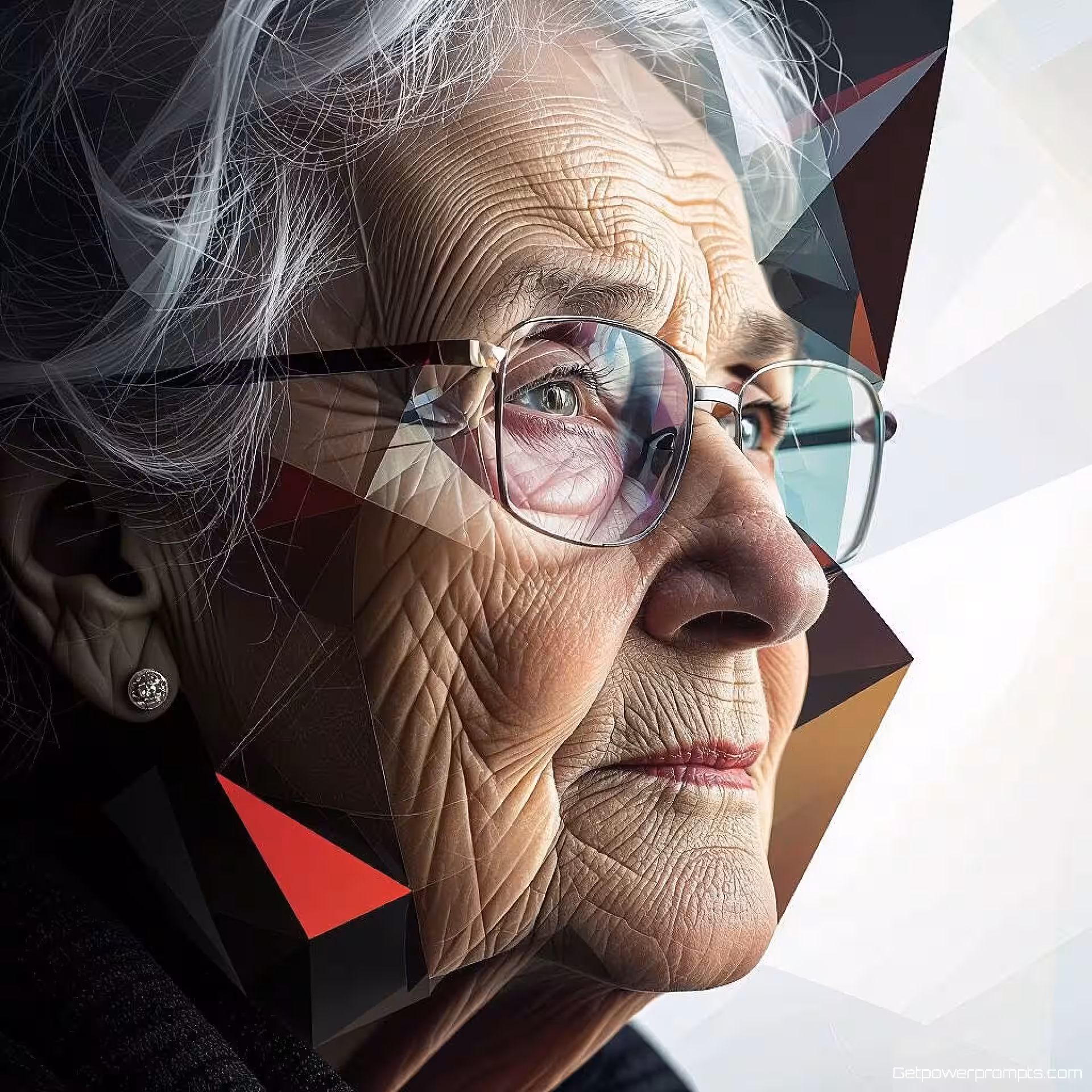 Oudere persoon, abstracte portretfotografie, geometrische abstractie, hoog contrast belichting belichting, dynamische asymmetrie perspectief, dromerige sfeer atmosfeer, experimentele beeldtaal, geometrische abstractie, gefragmenteerde vormen, professionele kwaliteit, artistieke interpretatie, niet-representatieve elementen, conceptuele benadering, moderne portretfotografie