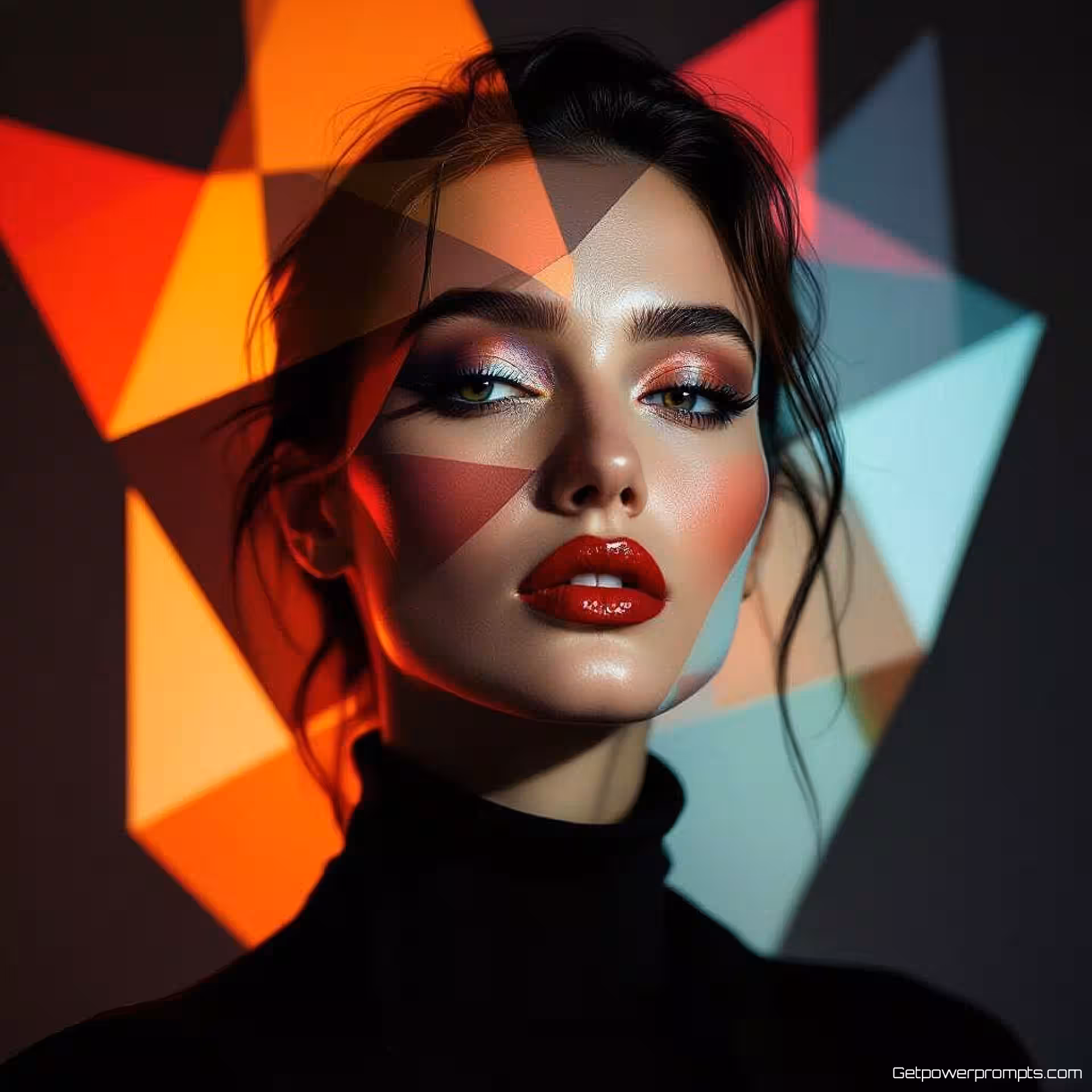 Professioneel model, abstracte portretfotografie, geometrische abstractie, hoog contrast belichting belichting, dynamische asymmetrie perspectief, dromerige sfeer atmosfeer, experimentele beeldtaal, geometrische abstractie, gefragmenteerde vormen, professionele kwaliteit, artistieke interpretatie, niet-representatieve elementen, conceptuele benadering, moderne portretfotografie