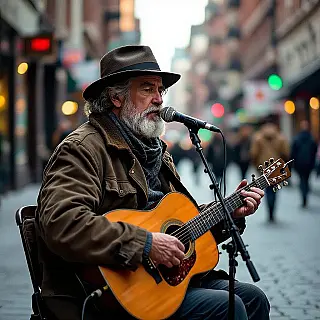 Straatmuzikant, documentaire portretfotografie, stedelijke straat omgeving, natuurlijk omgevingslicht belichting, intieme reflectie sfeer, spontaan moment, authentiek verhaal, natuurlijke interactie, contextueel verhaal, fotojournalistieke stijl, ongeposeerde compositie, omgevingsportret, realistische setting, observerende benadering, menselijk verhaal