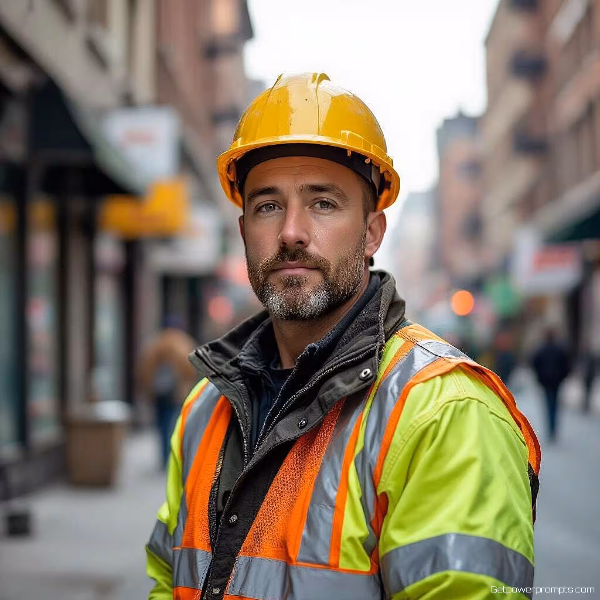 Bouwwerker, documentaire portretfotografie, stedelijke straat omgeving, natuurlijk omgevingslicht belichting, intieme reflectie sfeer, spontaan moment, authentiek verhaal, natuurlijke interactie, contextueel verhaal, fotojournalistieke stijl, ongeposeerde compositie, omgevingsportret, realistische setting, observerende benadering, menselijk verhaal