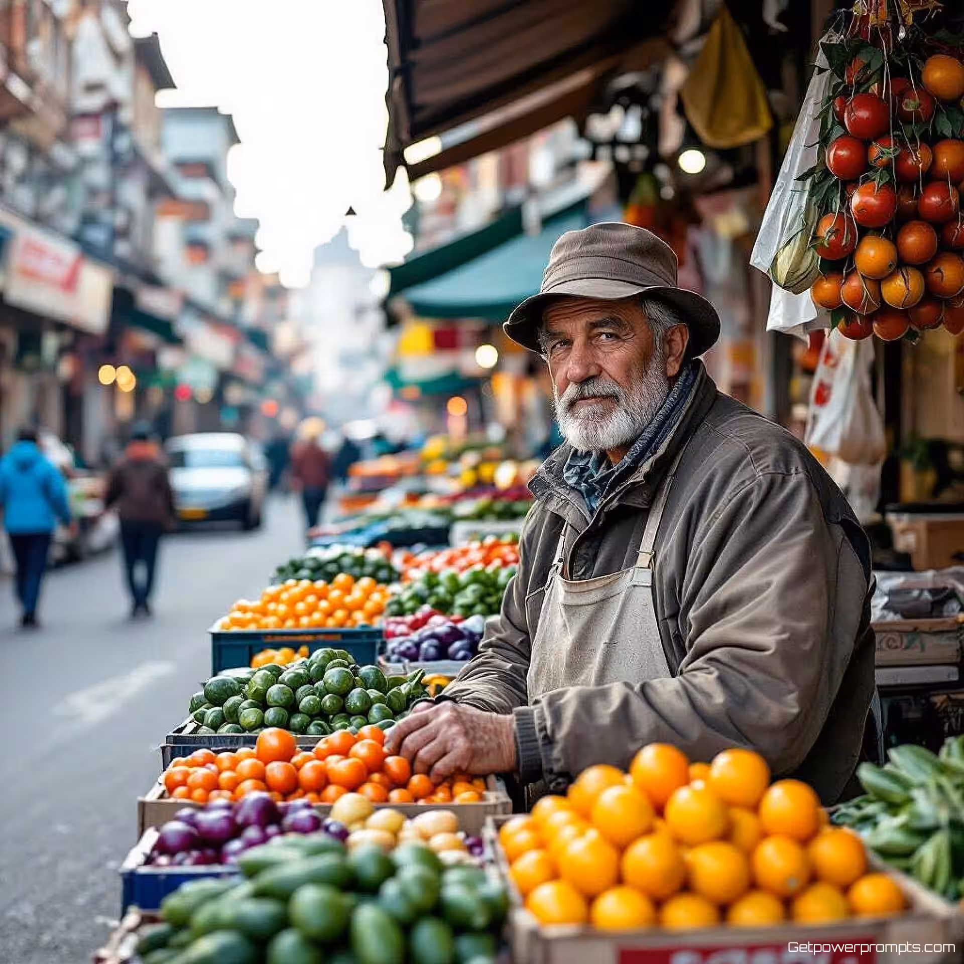 Marktverkoper, documentaire portretfotografie, stedelijke straat omgeving, natuurlijk omgevingslicht belichting, intieme reflectie sfeer, spontaan moment, authentiek verhaal, natuurlijke interactie, contextueel verhaal, fotojournalistieke stijl, ongeposeerde compositie, omgevingsportret, realistische setting, observerende benadering, menselijk verhaal