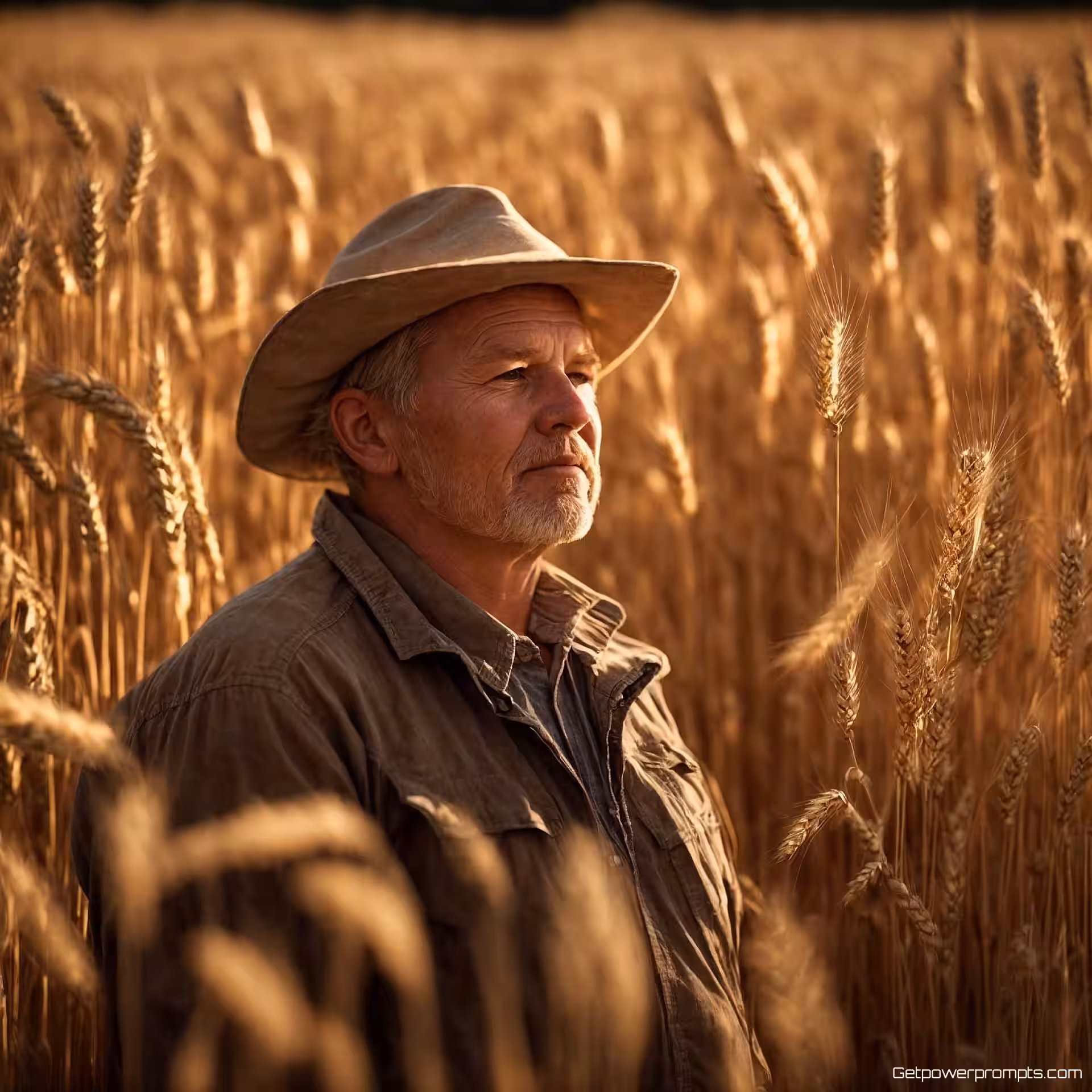 Boer in tarweveld, omgevingsportretfotografie, kunstatelier setting, zacht omgevingslicht belichting, intiem en persoonlijk sfeer, natuurlijke interactie, contextueel verhaal, authentiek moment, professionele kwaliteit, omgevingscontext, lifestyle benadering