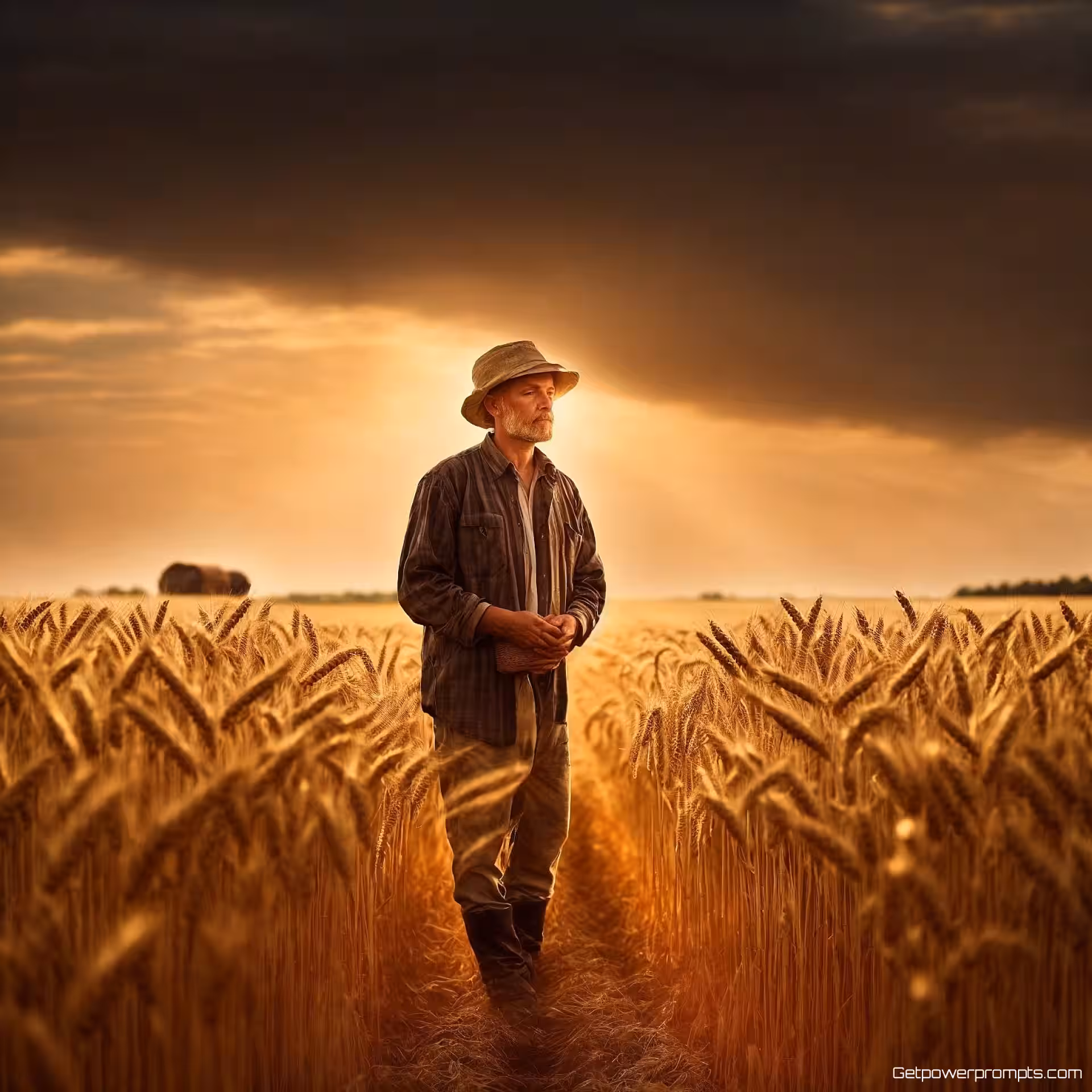 Boer in tarweveld, omgevingsportretfotografie, stedelijke straat setting, zacht omgevingslicht belichting, intiem en persoonlijk sfeer, natuurlijke interactie, contextueel verhaal, authentiek moment, professionele kwaliteit, omgevingscontext, lifestyle benadering