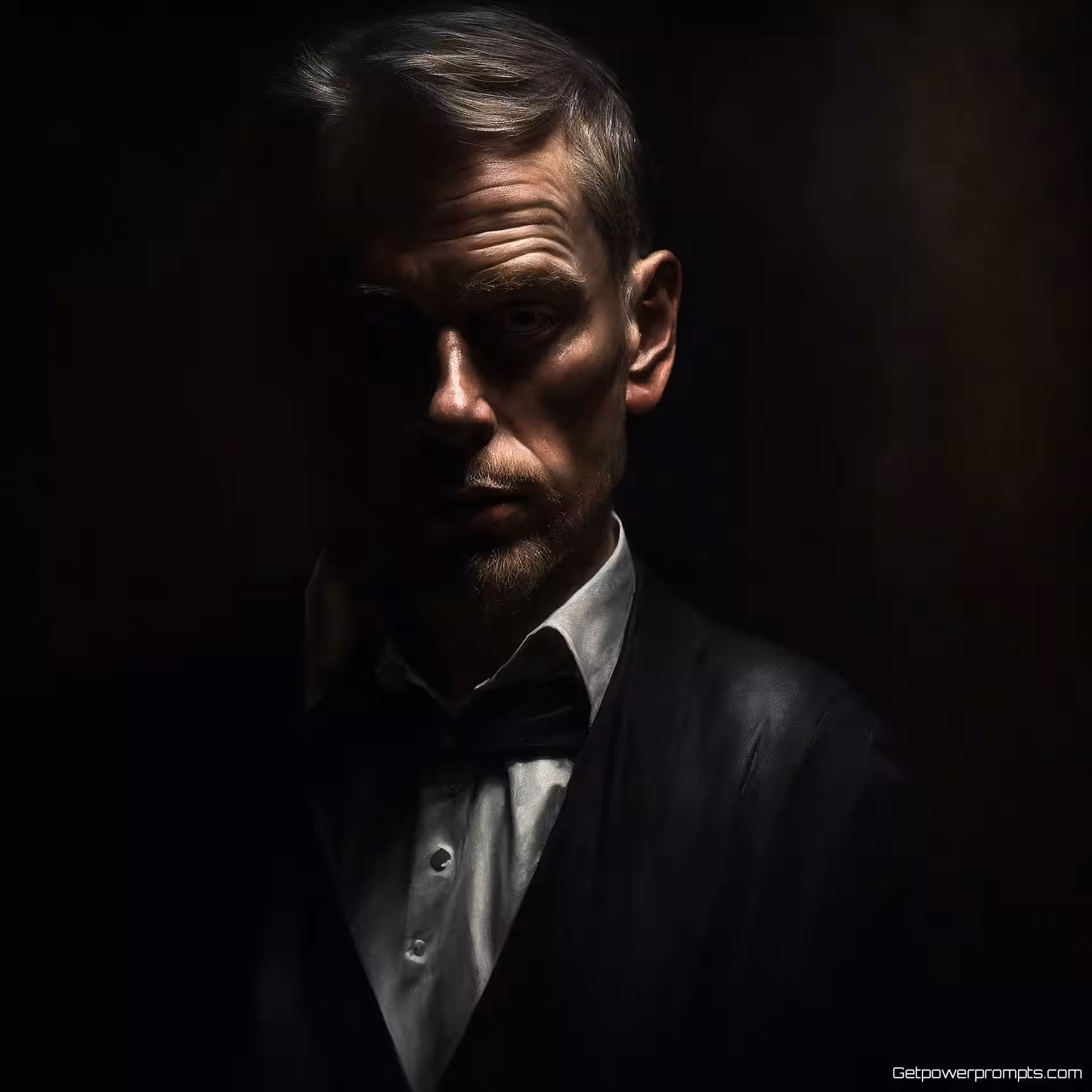 Mysterieuze man, fijnkunst portretfotografie, olieverfschilderij, dramatisch clair-obscur belichting, volledig lichaam perspectief, melancholisch atmosfeer, schilderachtige kwaliteit, artistieke interpretatie, etherische esthetiek, subtiele texturen, meesterlijke belichting, tijdloze elegantie