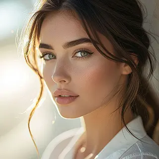 Professioneel model, portretfotografie, fotorealistisch, tegenlicht belichting, close-up perspectief, dromerig atmosfeer, lens flare effecten, natuurlijk licht manipulatie, professionele kwaliteit, atmosferische gloed, cinematografische esthetiek, lichtlek texturen, zon flare patronen, tegenlicht silhouet, stralende verlichting