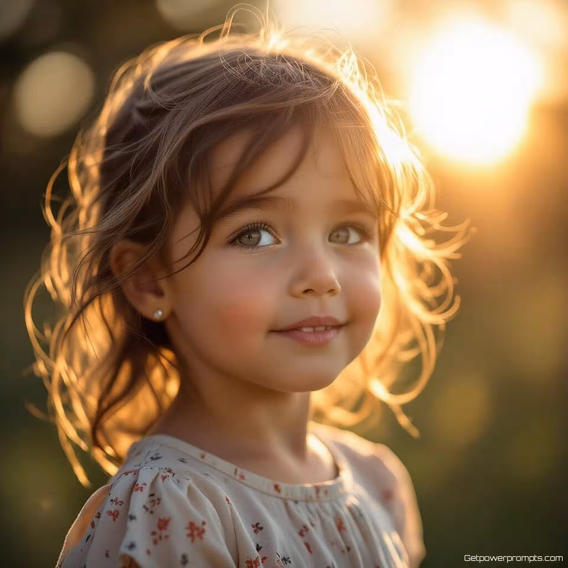 Kinderportret, portretfotografie, fotorealistisch, tegenlicht belichting, close-up perspectief, dromerig atmosfeer, lens flare effecten, natuurlijk licht manipulatie, professionele kwaliteit, atmosferische gloed, cinematografische esthetiek, lichtlek texturen, zon flare patronen, tegenlicht silhouet, stralende verlichting