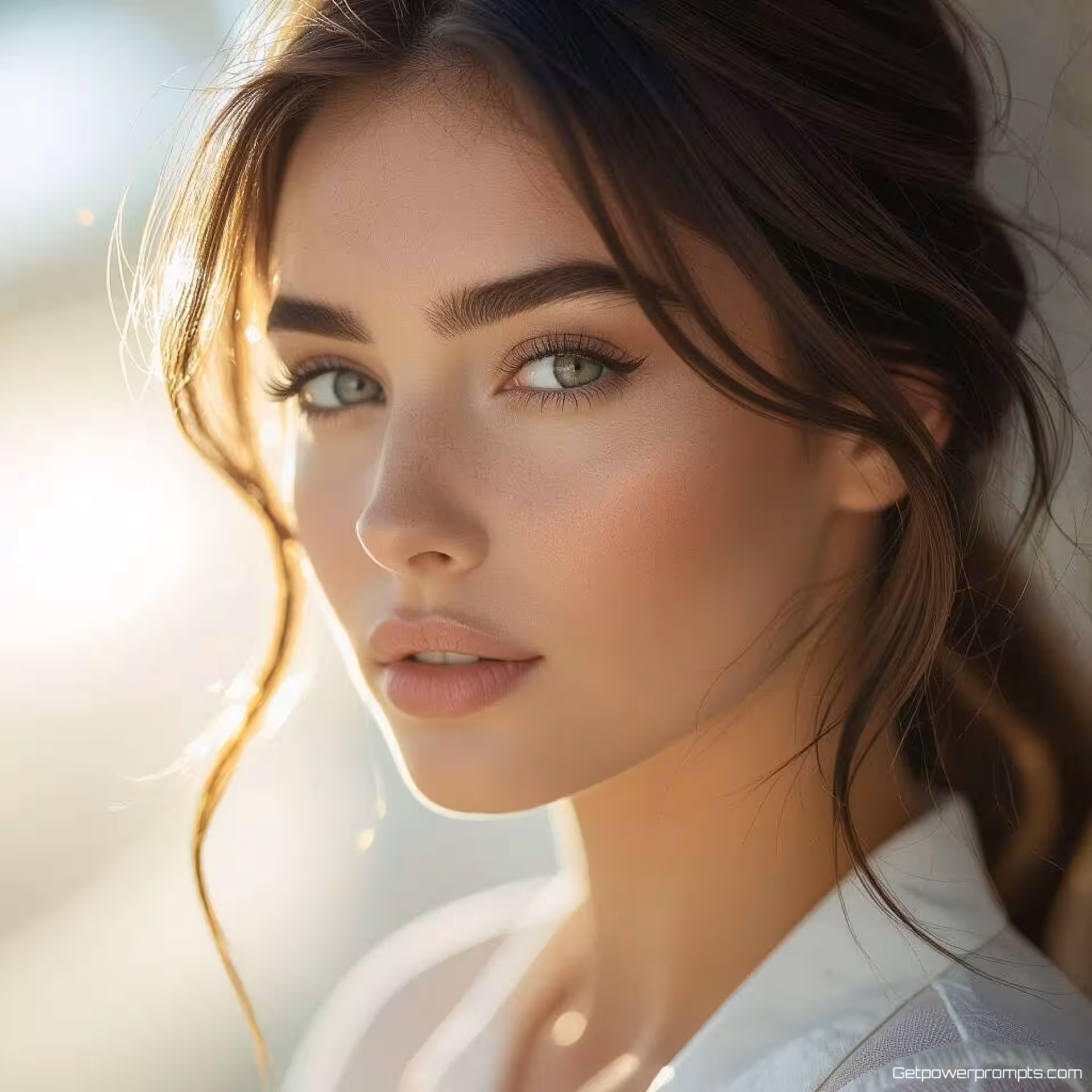 Professioneel model, portretfotografie, fotorealistisch, tegenlicht belichting, close-up perspectief, dromerig atmosfeer, lens flare effecten, natuurlijk licht manipulatie, professionele kwaliteit, atmosferische gloed, cinematografische esthetiek, lichtlek texturen, zon flare patronen, tegenlicht silhouet, stralende verlichting