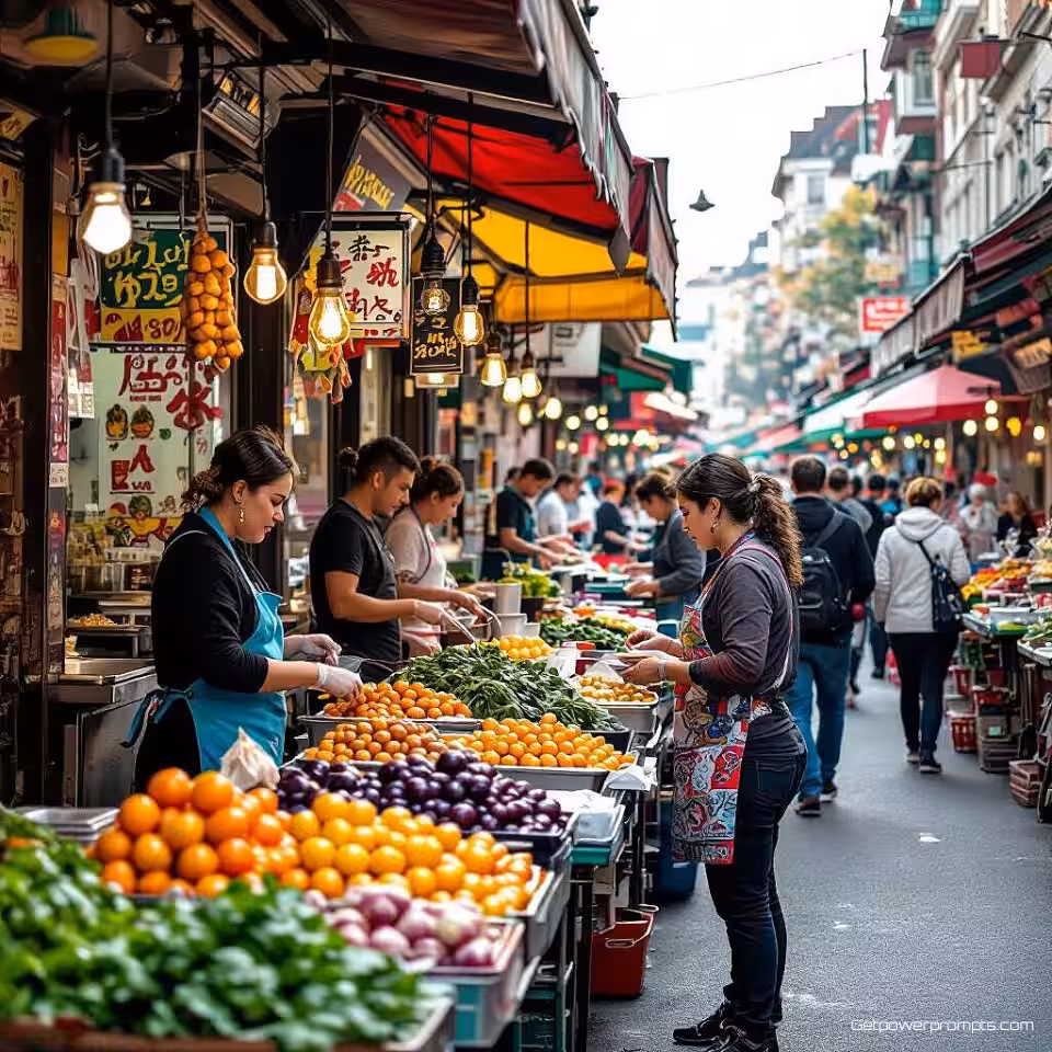 Straatvoedselmarkt met voedselverkopers en klanten, straatfotografie, fotorealistisch, natuurlijk daglicht verlichting, groothoek perspectief perspectief, bruisende marktsfeer, straatverkopers, verse producten, stedelijke omgeving, levendige kleuren, spontane momenten, documentaire esthetiek, authentiek straatleven, levendige marktcultuur