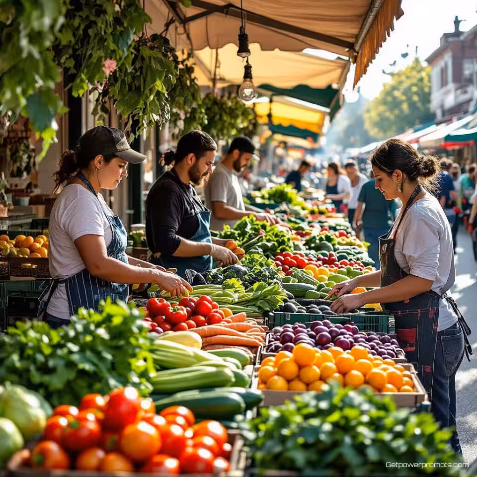 Boerenmarkt met verse groenten en fruit, straatfotografie, fotorealistisch, natuurlijk daglicht verlichting, groothoek perspectief perspectief, bruisende marktsfeer, straatverkopers, verse producten, stedelijke omgeving, levendige kleuren, spontane momenten, documentaire esthetiek, authentiek straatleven, levendige marktcultuur