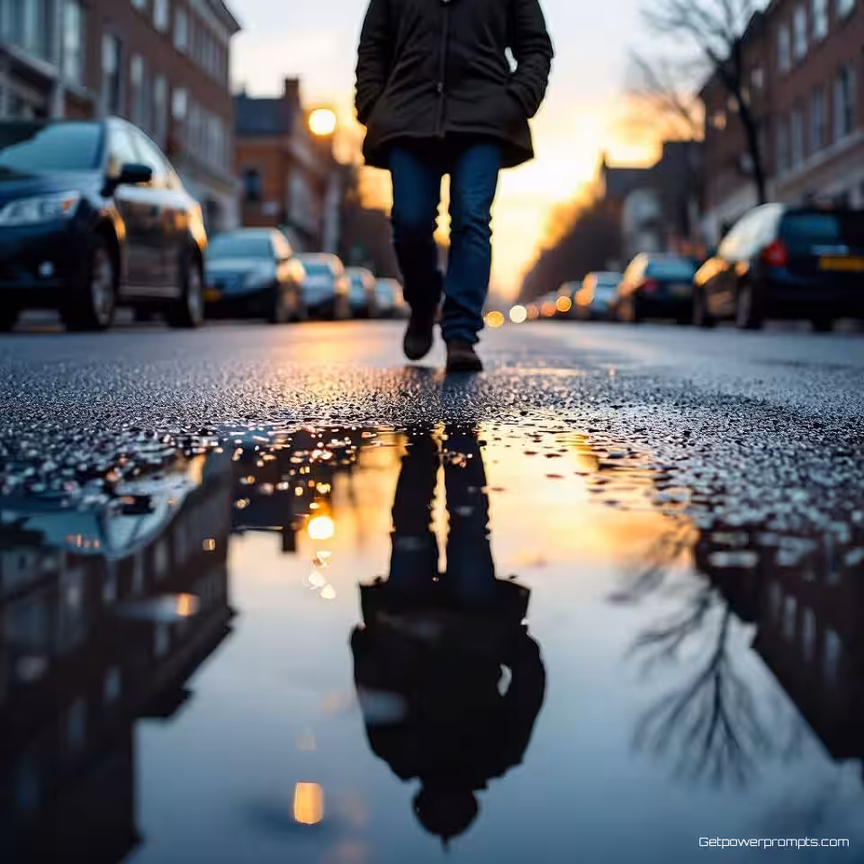 Regenplas reflectie, straatfotografie, fotorealistisch, close-up perspectief, gouden uur belichting, stedelijke reflecties, stadsomgeving, monochroom, gespiegelde oppervlakken, documentaire esthetiek, atmosferische vervorming, straatleven reflecties