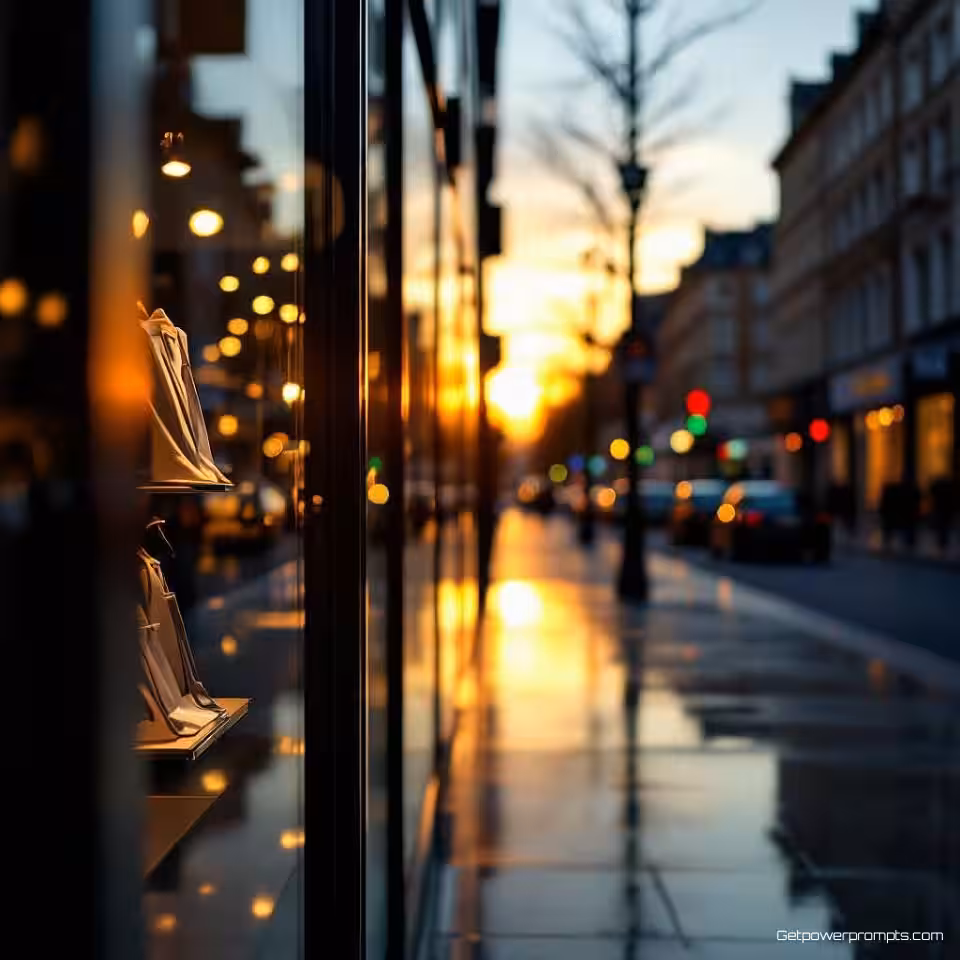 Winkelruit reflectie, straatfotografie, fotorealistisch, close-up perspectief, gouden uur belichting, stedelijke reflecties, stadsomgeving, monochroom, gespiegelde oppervlakken, documentaire esthetiek, atmosferische vervorming, straatleven reflecties