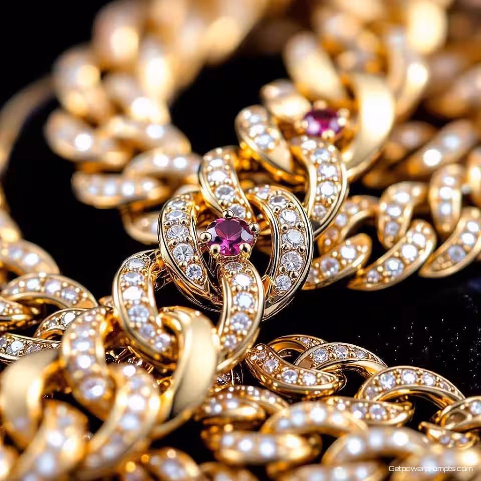 Gouden ketting, macrofotografie, studiobelichting belichting, zwarte fluwelen achtergrond achtergrond, kleine scherptediepte, extreme close-up, ingewikkeld metaalwerk, edelsteendetails, warme tonen, fotorealistisch, gedetailleerd vakmanschap, reflecterende oppervlakken, fijne texturen