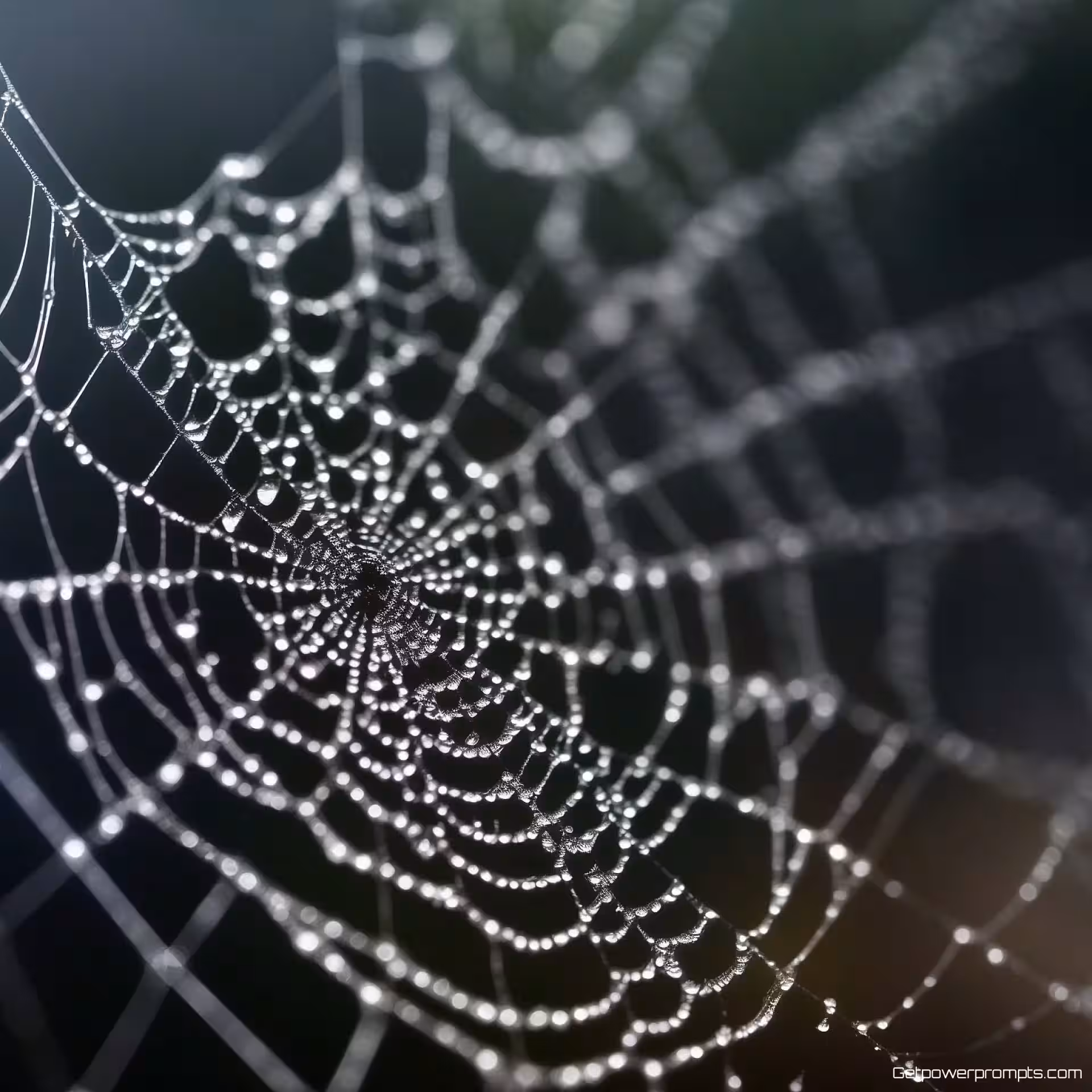 Ochtenddauw op spinnenweb, macrofotografie, zacht diffuus licht belichting, studio zwarte achtergrond achtergrond, kleine scherptediepte, extreme close-up, natuurlijke texturen, koele natuurlijke kleuren, fotorealistisch, gedetailleerde focus