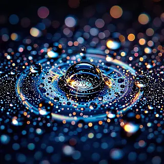 Waterdruppels op hydrofobe oppervlakte, macrofotografie, tegenlicht voor transparantie belichting, effen zwarte achtergrond achtergrond, kleine scherptediepte, extreme close-up, oppervlaktespanningseffecten, monochroom blauw palet, fotorealistisch, gedetailleerde vloeistofpatronen, meniscusvormingen, moleculaire adhesie, visualisatie van vloeistofdynamica