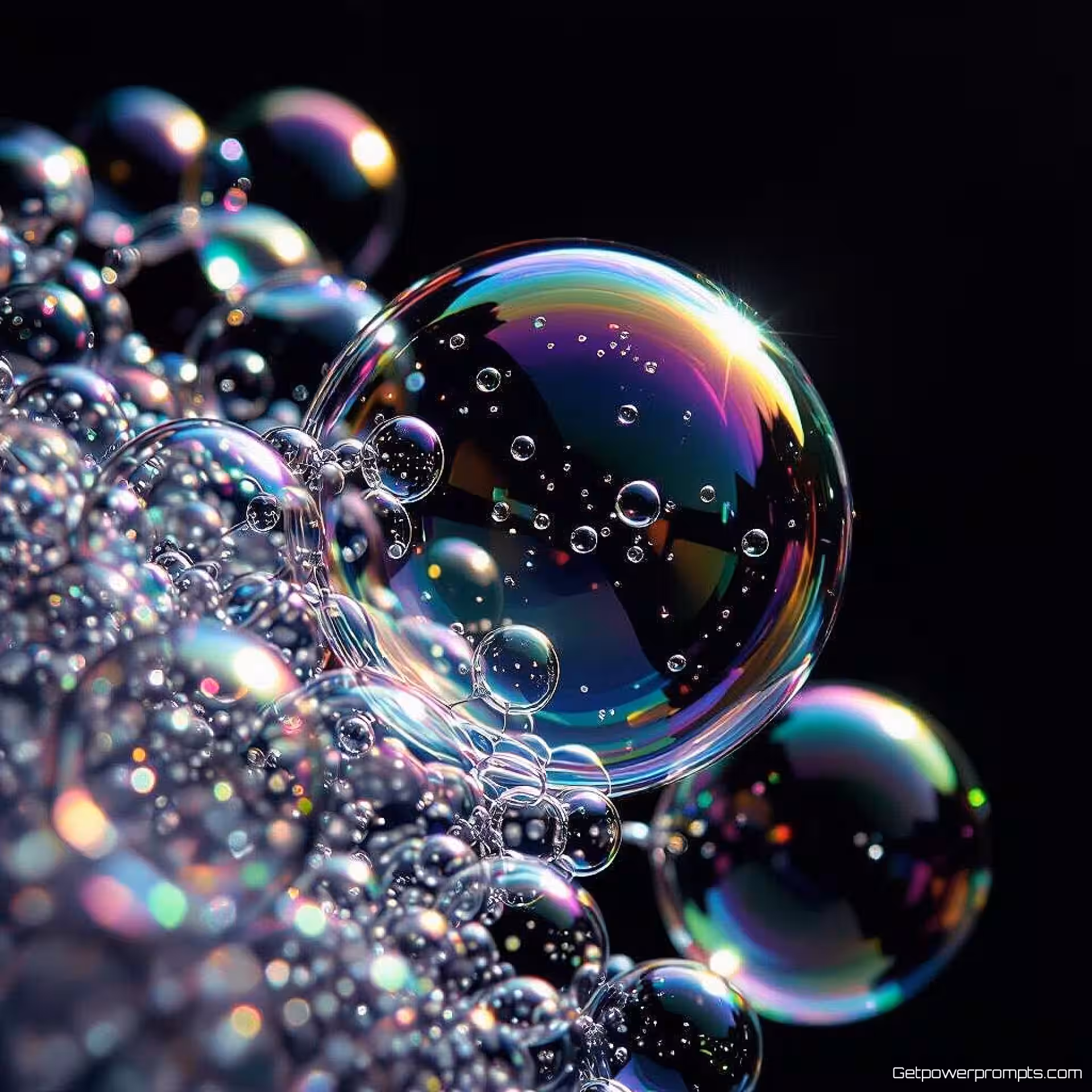 Zeepbellencluster, macrofotografie, tegenlicht voor transparantie belichting, effen zwarte achtergrond achtergrond, kleine scherptediepte, extreme close-up, oppervlaktespanningseffecten, monochroom blauw palet, fotorealistisch, gedetailleerde vloeistofpatronen, meniscusvormingen, moleculaire adhesie, visualisatie van vloeistofdynamica