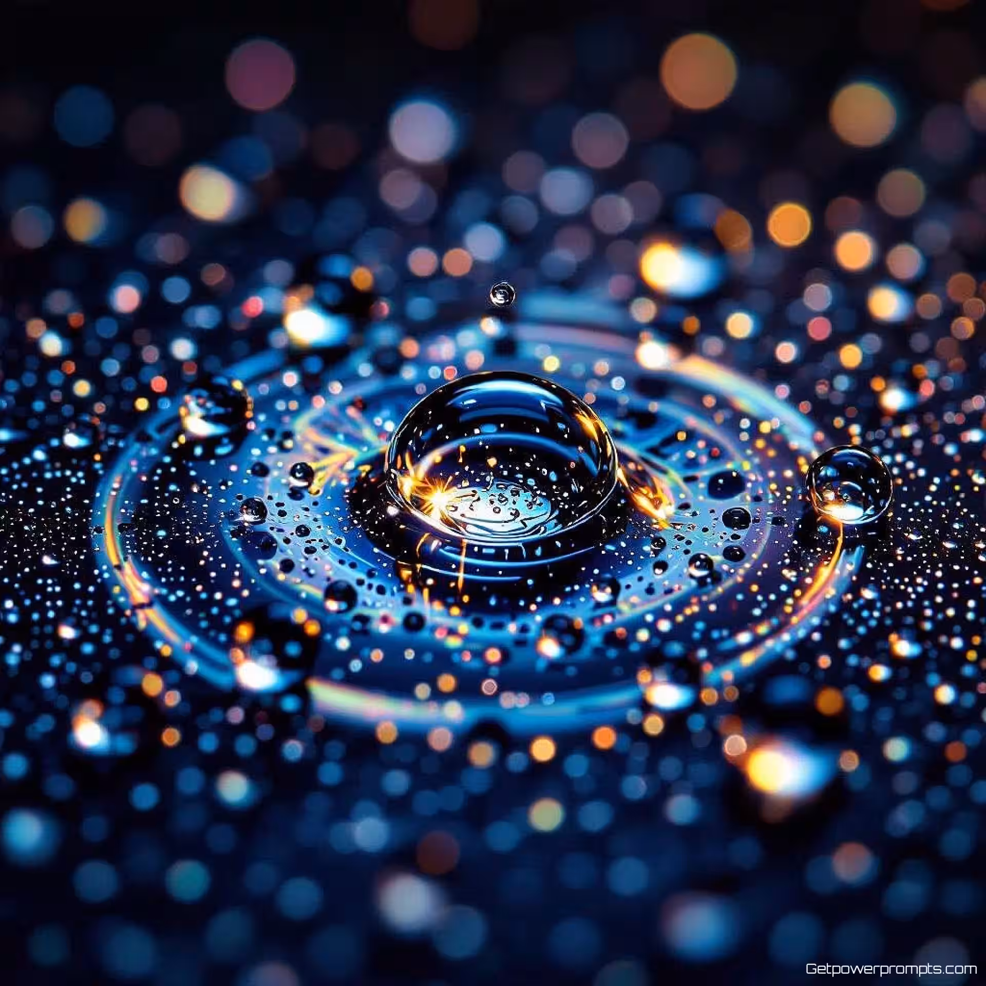 Waterdruppels op hydrofobe oppervlakte, macrofotografie, tegenlicht voor transparantie belichting, effen zwarte achtergrond achtergrond, kleine scherptediepte, extreme close-up, oppervlaktespanningseffecten, monochroom blauw palet, fotorealistisch, gedetailleerde vloeistofpatronen, meniscusvormingen, moleculaire adhesie, visualisatie van vloeistofdynamica