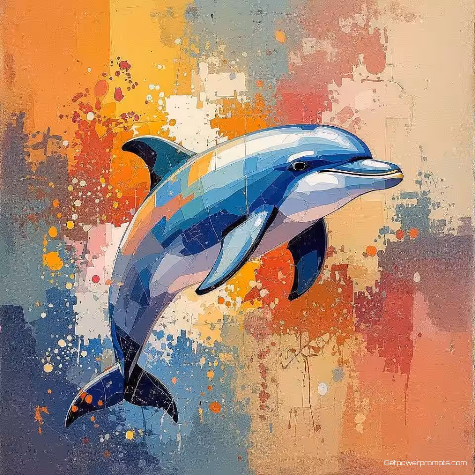 Dolfijn, aquarel abstracte kunst, gefragmenteerd perspectief, levendige warme tinten, expressieve penseelstreken, vervagen achtergrond, artistieke interpretatie, dramatisch atmosfeer, hedendaagse wildlife kunst, niet-representatieve vormen, creatieve expressie