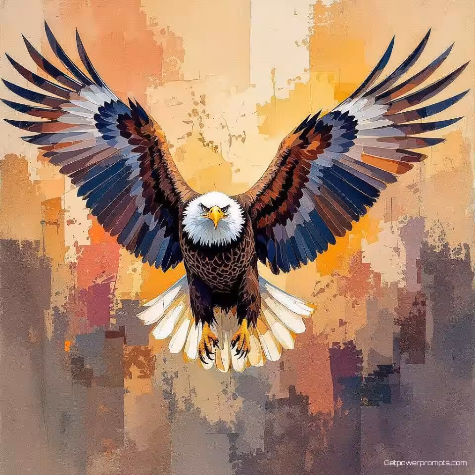 Arend, aquarel abstracte kunst, gefragmenteerd perspectief, levendige warme tinten, expressieve penseelstreken, vervagen achtergrond, artistieke interpretatie, dramatisch atmosfeer, hedendaagse wildlife kunst, niet-representatieve vormen, creatieve expressie