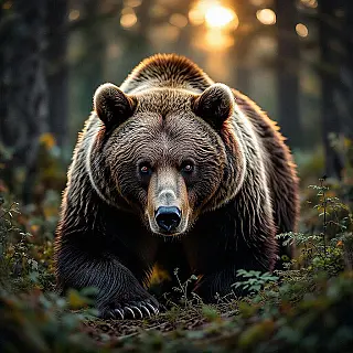 Bruine beer in bos, milieukunst fotografie, schilderachtige esthetiek, gouden uur belichting belichting, close-up compositie perspectief, wazige achtergrond omgeving, serene sfeer atmosfeer, natuurlijke texturen, artistieke milieustorytelling, gedetailleerde habitat elementen, visuele poëzie