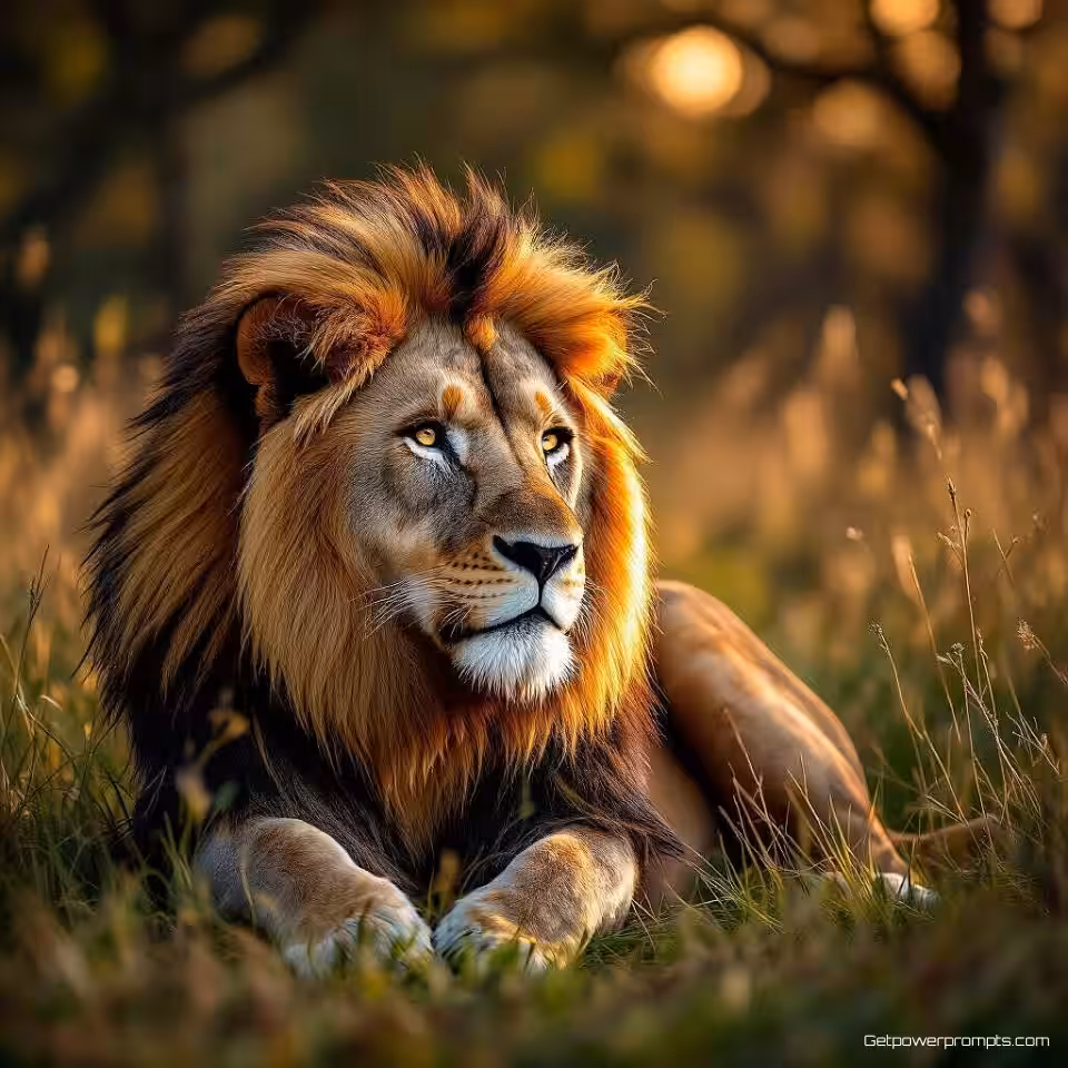 Leeuw op grasland, milieukunst fotografie, schilderachtige esthetiek, gouden uur belichting belichting, close-up compositie perspectief, wazige achtergrond omgeving, serene sfeer atmosfeer, natuurlijke texturen, artistieke milieustorytelling, gedetailleerde habitat elementen, visuele poëzie