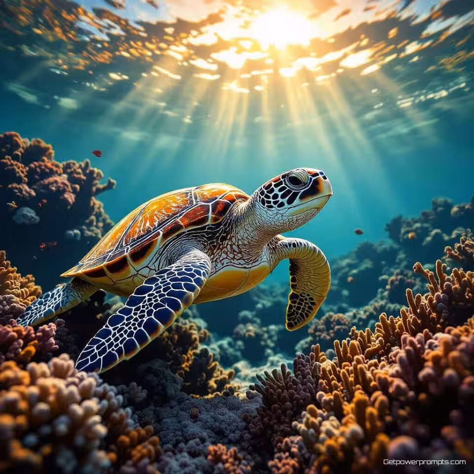 Zeeschildpad in koraalrif, milieukunst fotografie, schilderachtige esthetiek, gouden uur belichting belichting, close-up compositie perspectief, wazige achtergrond omgeving, serene sfeer atmosfeer, natuurlijke texturen, artistieke milieustorytelling, gedetailleerde habitat elementen, visuele poëzie