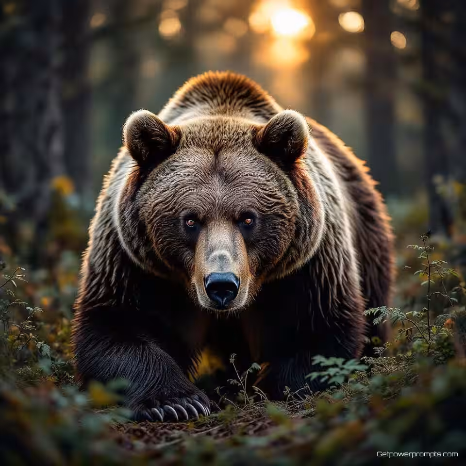 Bruine beer in bos, milieukunst fotografie, schilderachtige esthetiek, gouden uur belichting belichting, close-up compositie perspectief, wazige achtergrond omgeving, serene sfeer atmosfeer, natuurlijke texturen, artistieke milieustorytelling, gedetailleerde habitat elementen, visuele poëzie